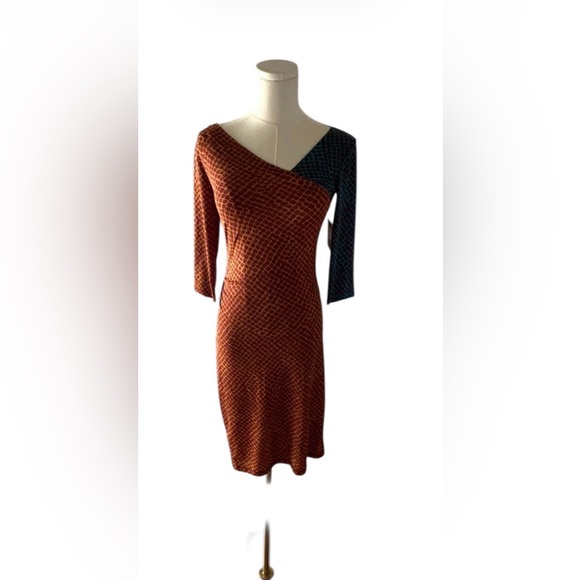 RACHEL Roy Chic Dark Gold/Rust & Teal Combo Dress w/Ruching on One Side ( L) NWT - Picture 14 of 14